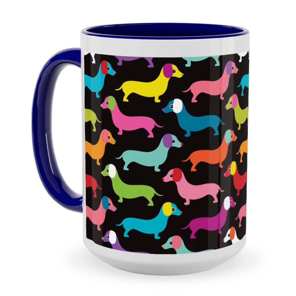 Retro Dachshund Dogs Ceramic Mug, Blue, , 15oz, Multicolor, Black