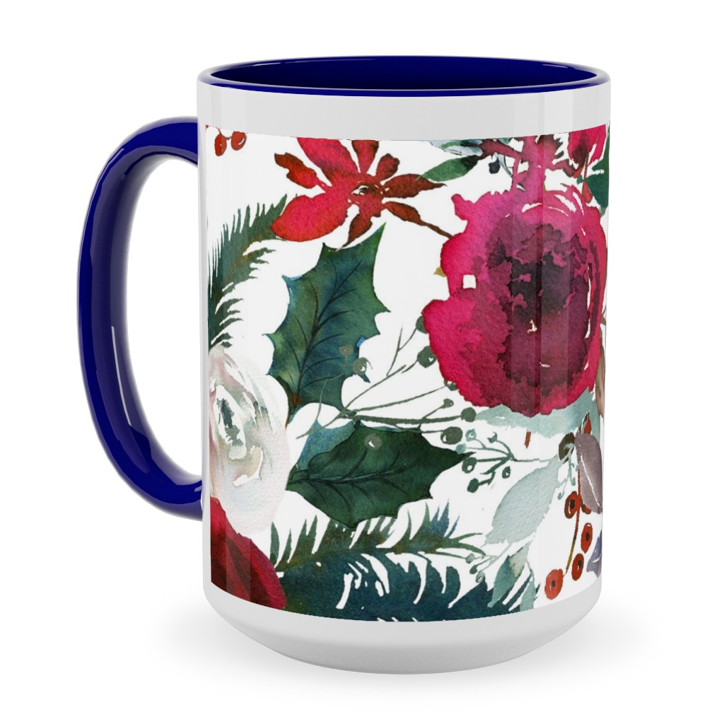 Holiday Florals Red on White Ceramic Mug, Blue, , 15oz, Multicolor
