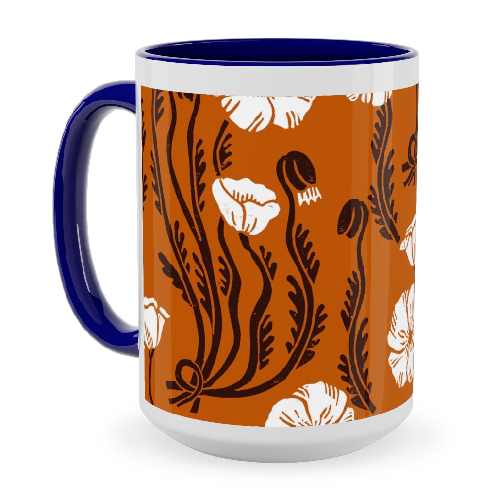Poppy, Fall Harvest Block Printed Vintage Florals Ceramic Mug, Blue,  , 15oz, Orange
