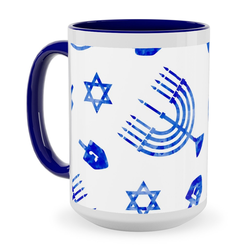 Watercolor Hanukkah Menorah, Dreidel, Star of David - Blue Ceramic Mug, Blue, , 15oz, Blue, True Blue
