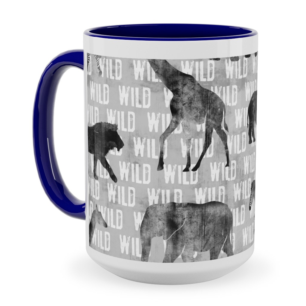 Wild Safari Animals - Grey Ceramic Mug, Blue, , 15oz, Gray, Gray