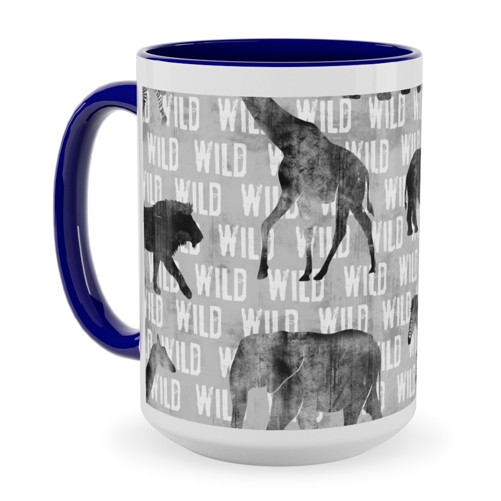 Wild Safari Animals - Grey Ceramic Mug, Blue,  , 15oz, Gray