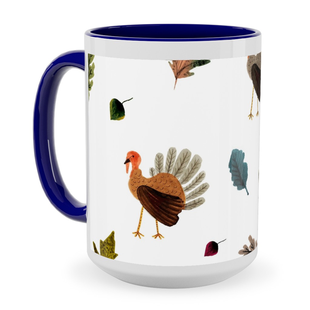 Fall Thanksgiving Turkeys on White Ceramic Mug, Blue,  , 15oz, White