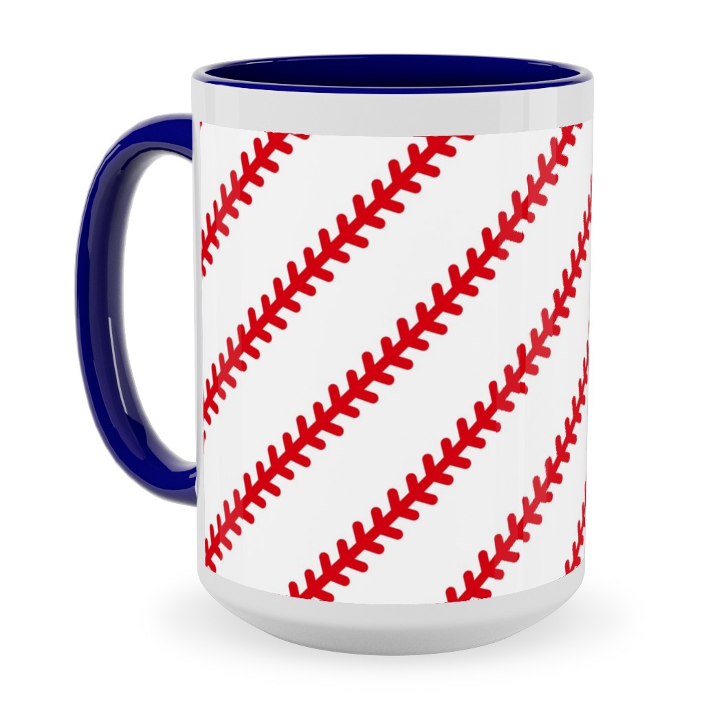 Baseball Stitch - Baseball - White Ceramic Mug, Blue,  , 15oz, Red