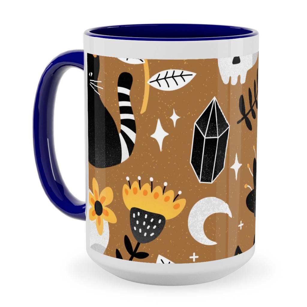 Black Cat & Floral Skull Ceramic Mug, Blue,  , 15oz, Brown