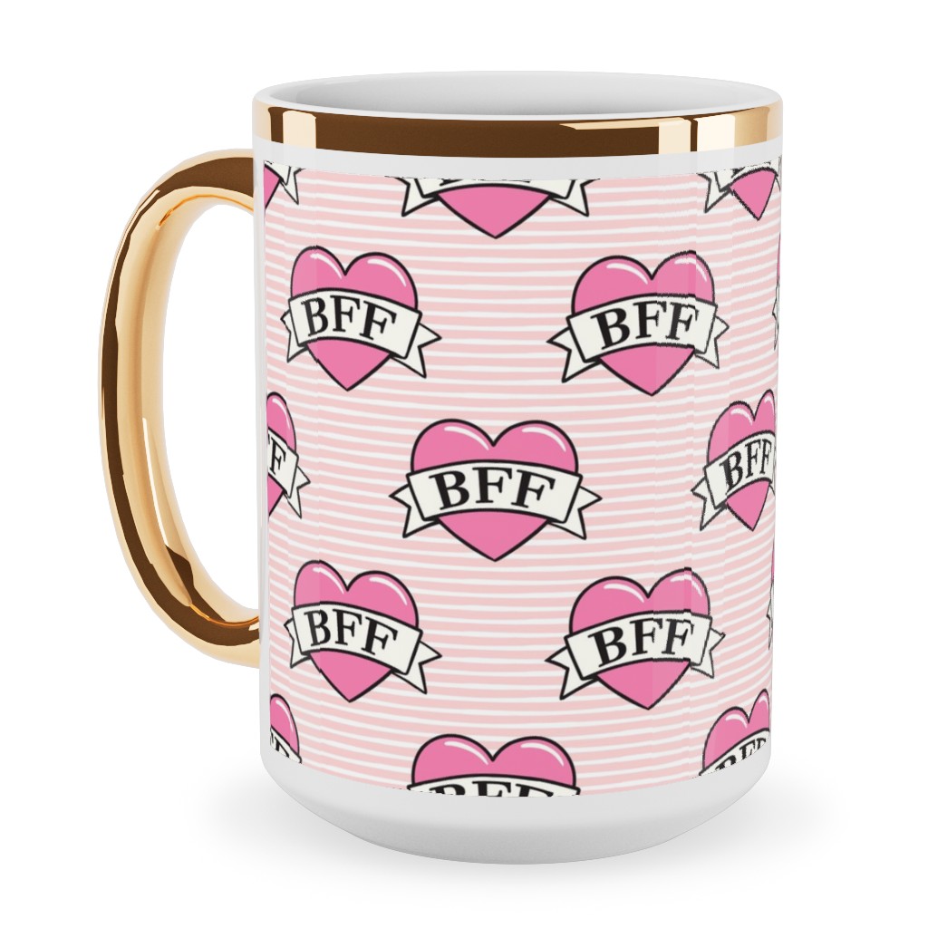 Bff Heart Tattoo Ceramic Mug, Gold Handle,  , 15oz, Pink