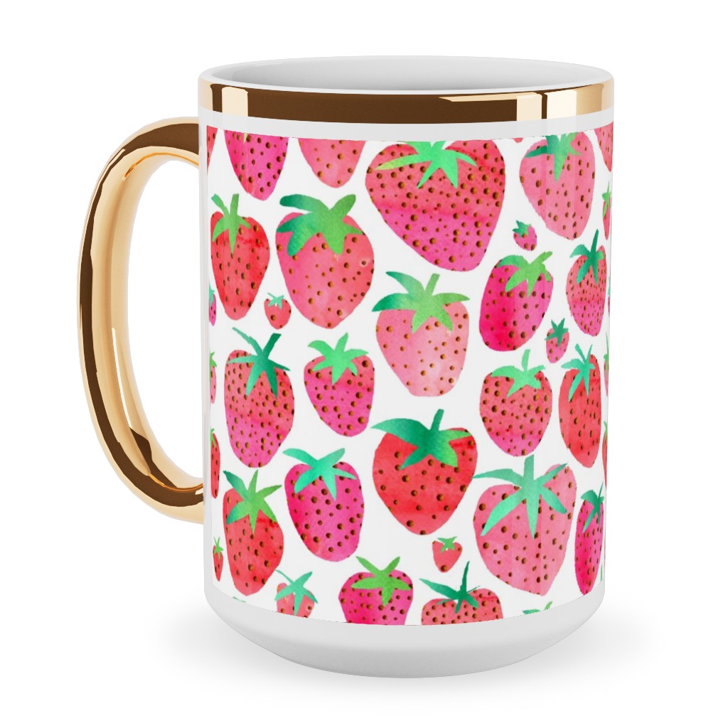 Strawberries - Pink Ceramic Mug, Gold Handle,  , 15oz, Pink