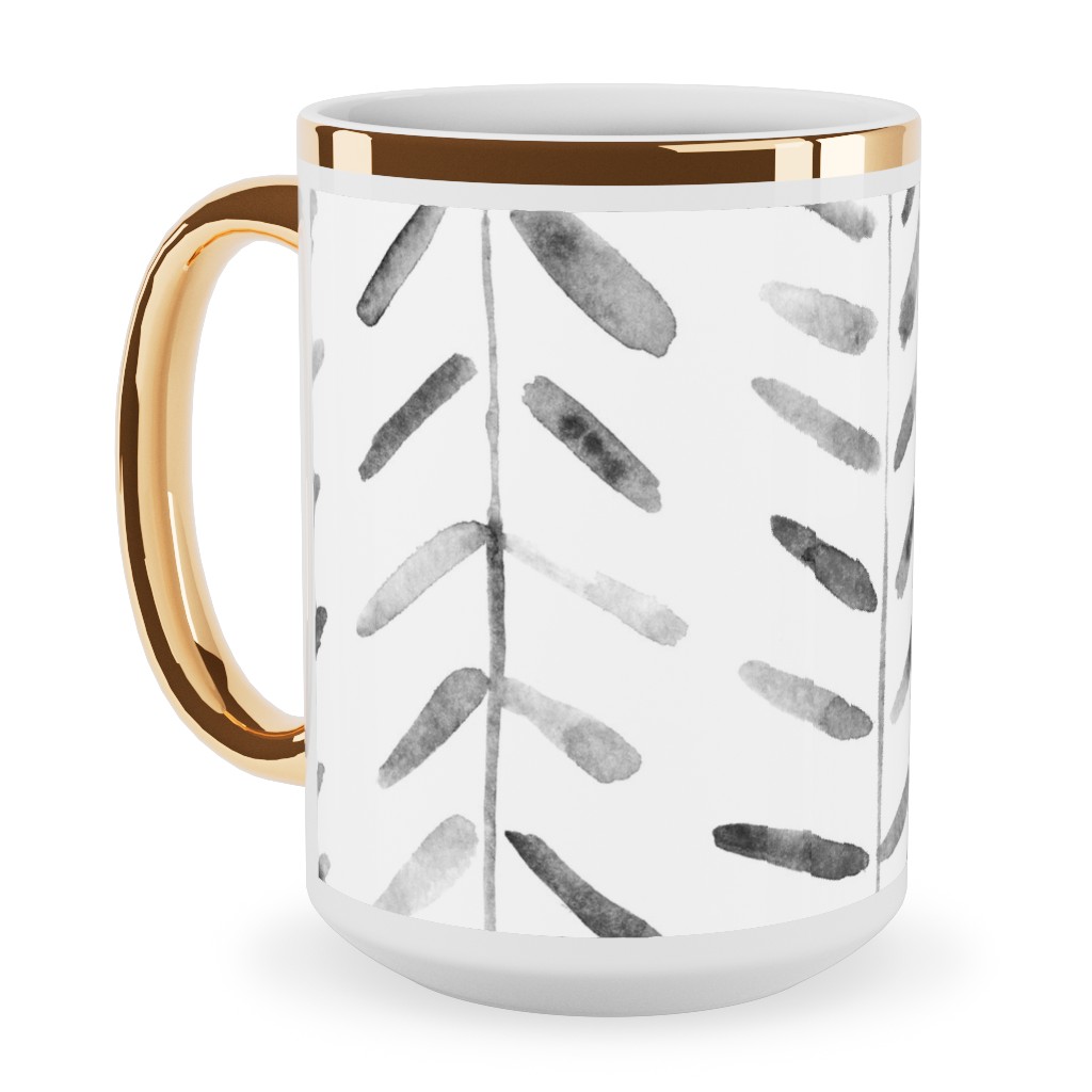 Noir Watercolor Abstract Geometrical Pattern for Modern Home Decor Bedding Nursery Painted Brush Strokes Herringbone Ceramic Mug, Gold Handle, , 15oz, White, White