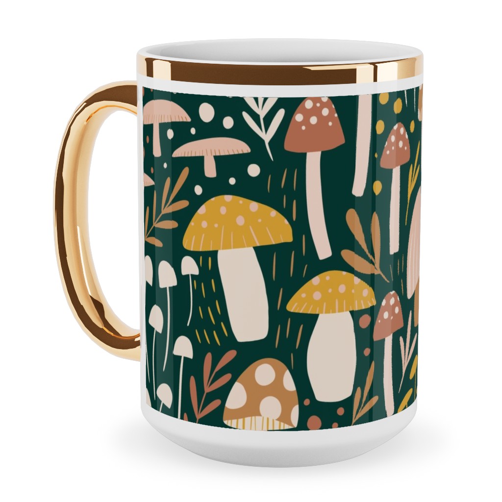 Woodland Mushroom Meadow - Green Ceramic Mug, Gold Handle, , 15oz, Green, Classic Green