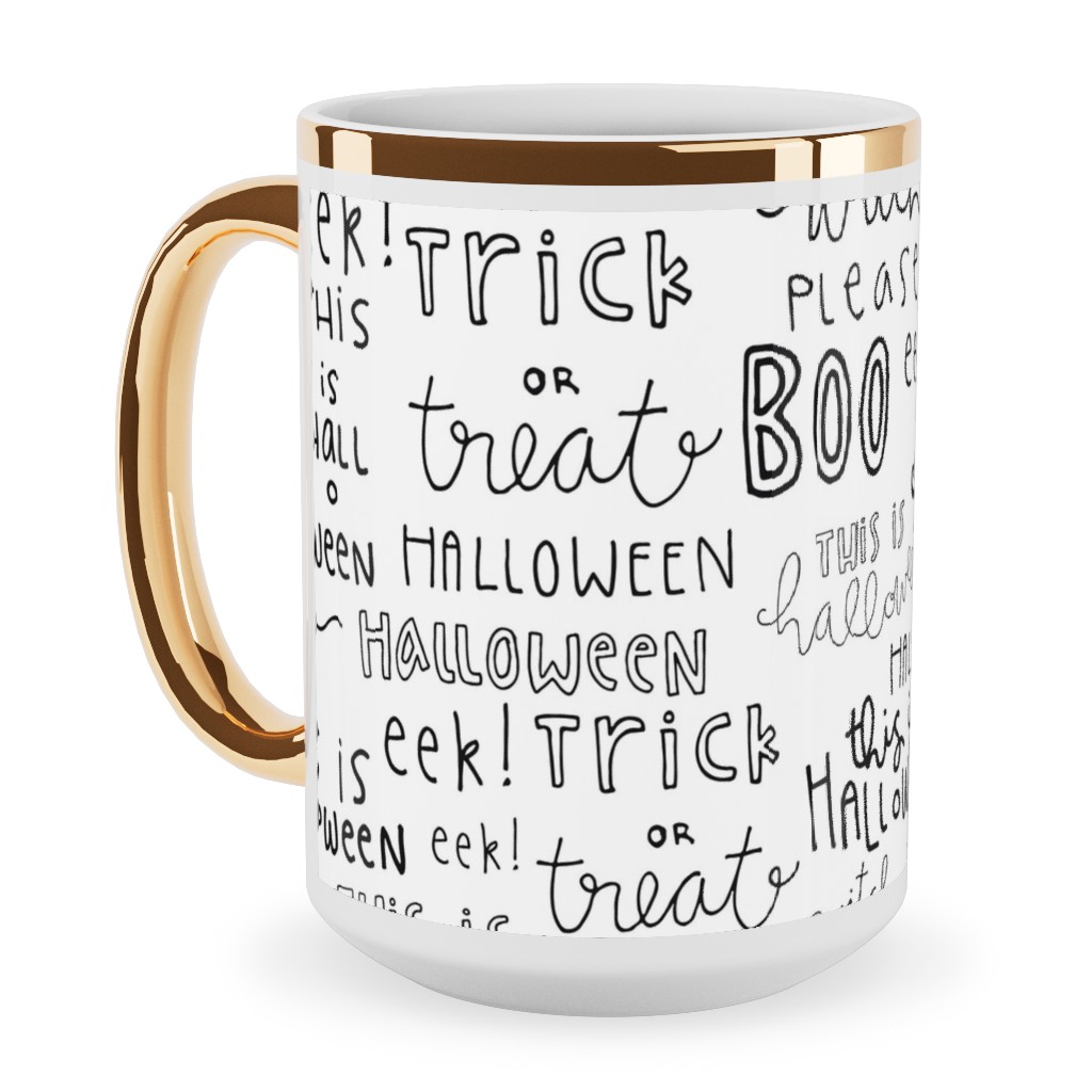 Halloween Words - White Ceramic Mug, Gold Handle, , 15oz, White, White
