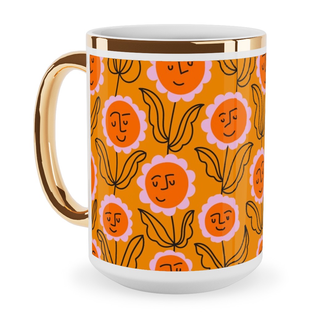 Happy Marigold Vine - Orange Ceramic Mug, Gold Handle, , 15oz, Orange, Orange