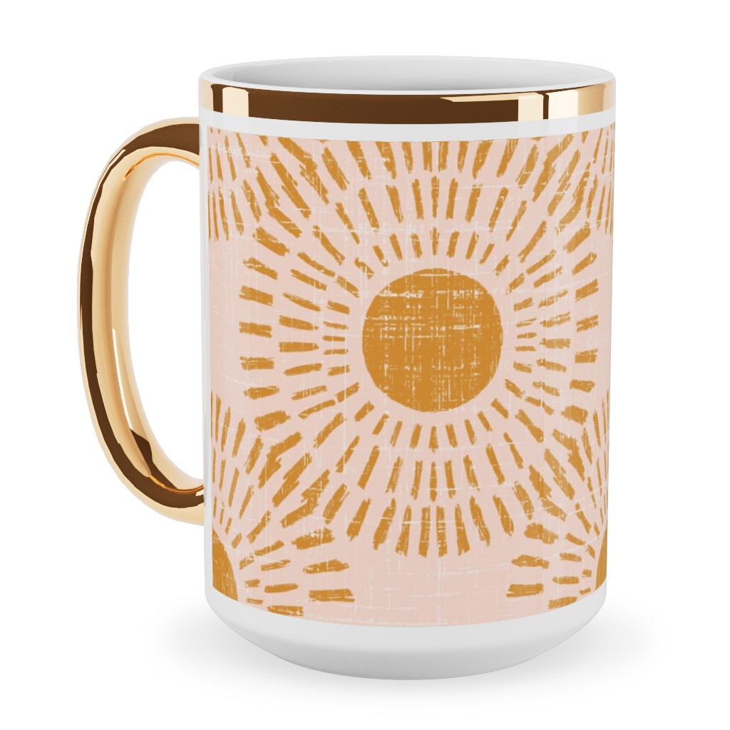 Sunburst - Pale Pink and Burnt Orange Ceramic Mug, Gold Handle,  , 15oz, Pink