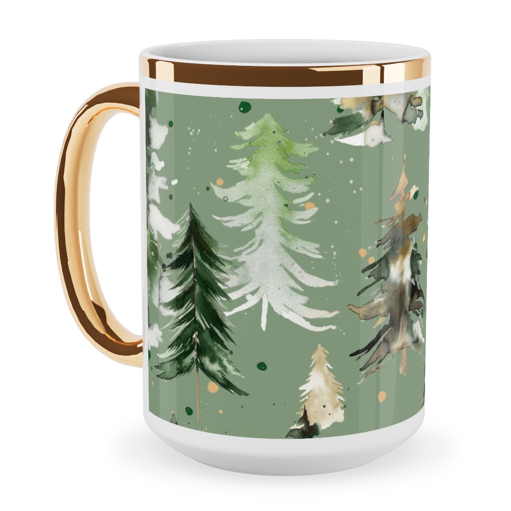 Watercolor Pines and Spruces Christmas - Green Ceramic Mug, Gold Handle, , 15oz, Green, Classic Green