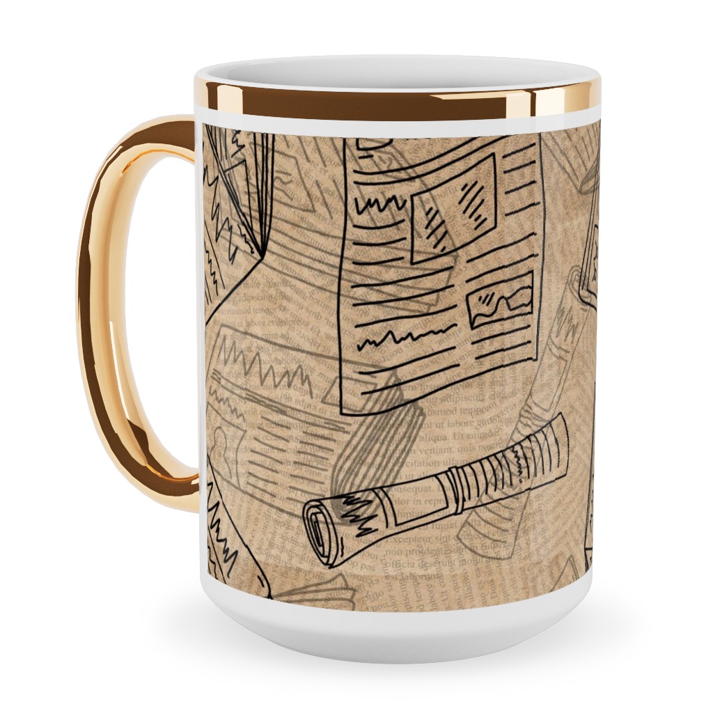 Newsprint Ceramic Mug, Gold Handle, , 15oz, Brown, Morning Latte