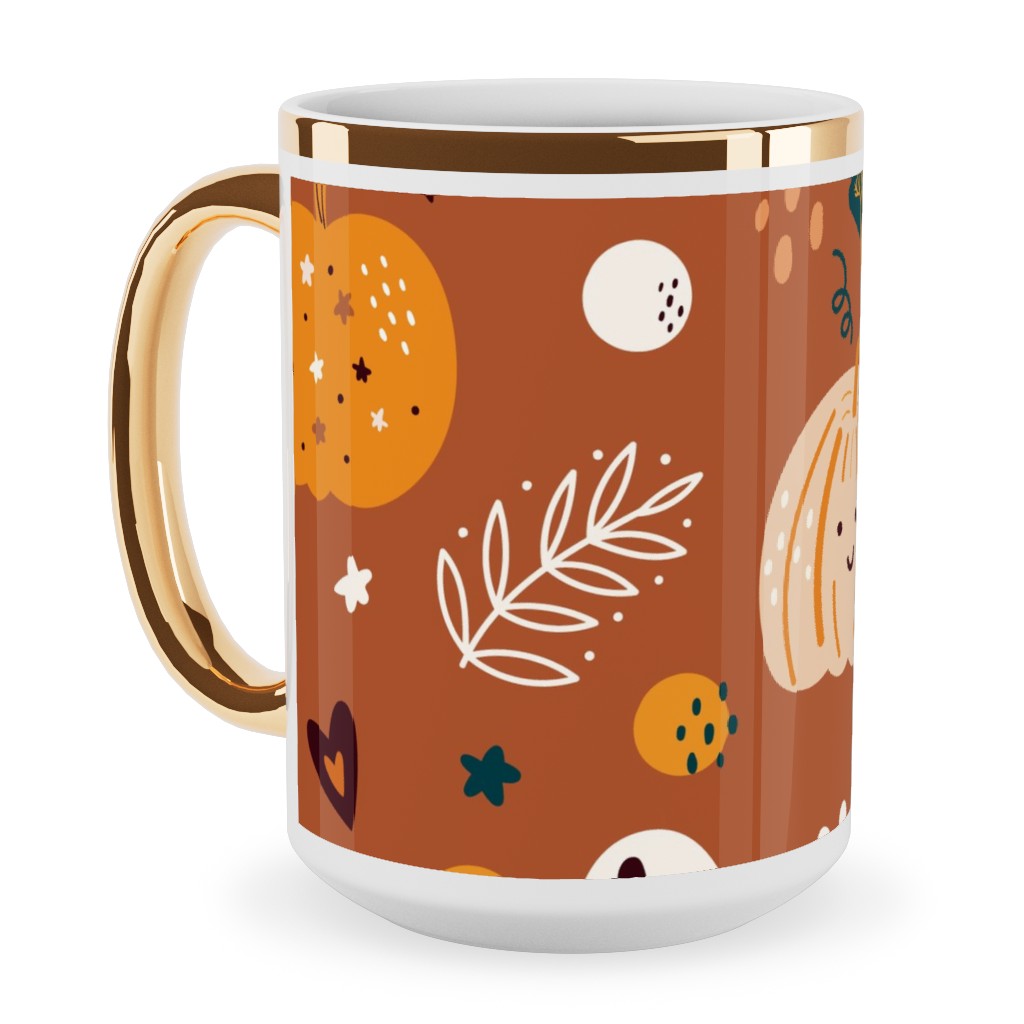 Autumn Pattern - Orange Ceramic Mug, Gold Handle,  , 15oz, Orange