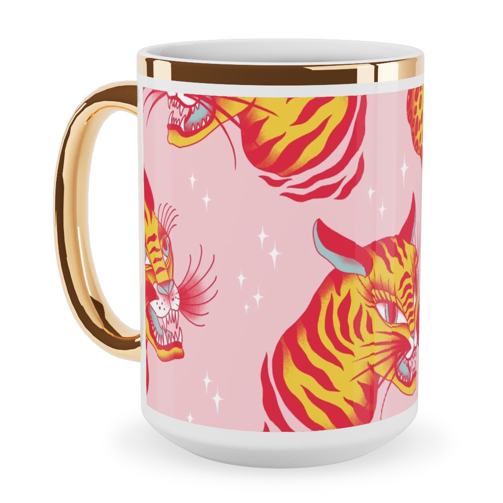 Tigerpop - Orange and Pink Ceramic Mug, Gold Handle, , 15oz, Pink, Bright Pink
