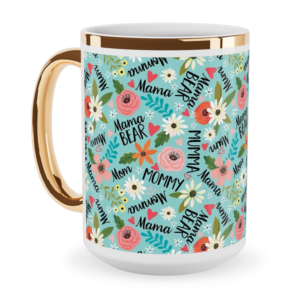 Mom's the Word - Multi on Blue Ceramic Mug, Gold Handle, , 15oz, Blue, True Blue
