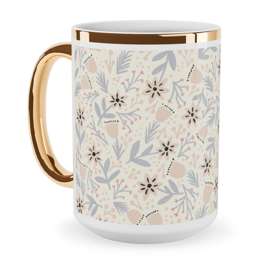 Vintage Flowers - Pastel Pink Ceramic Mug, Gold Handle, , 15oz, Beige, Pearl