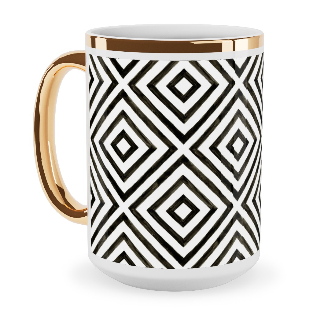 Diamond Pattern - Black and White Ceramic Mug, Gold Handle, , 15oz, Black, Black