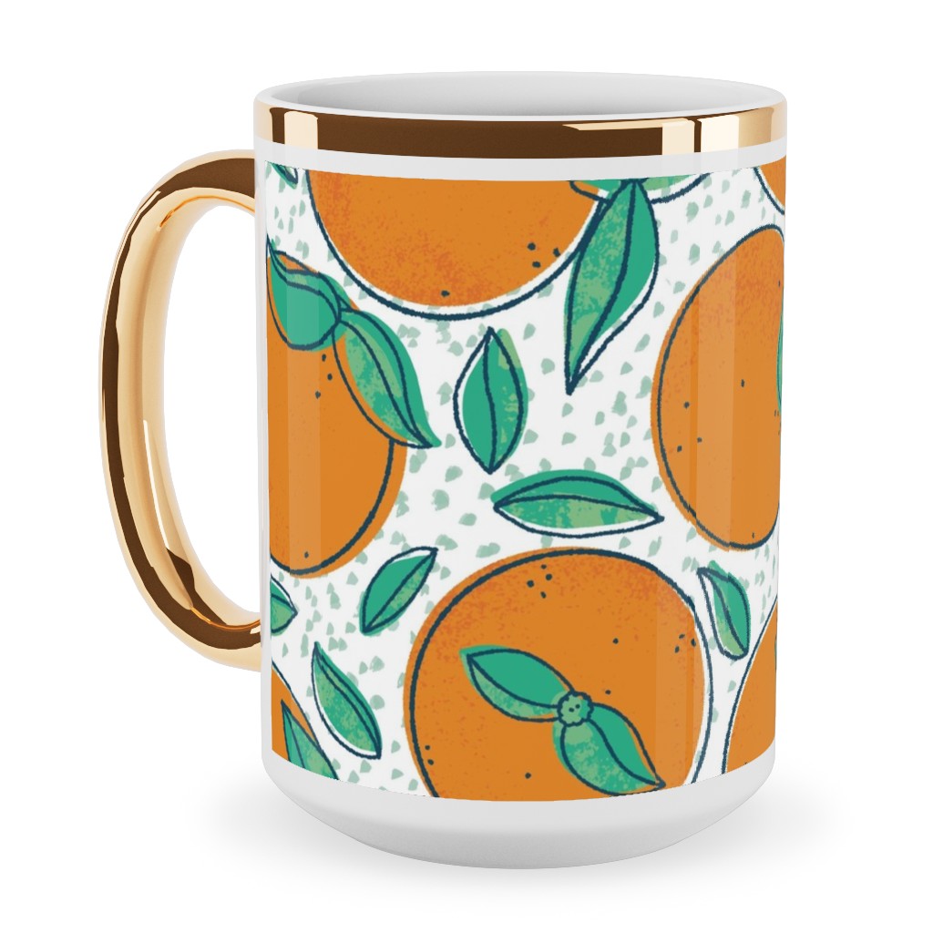 Oranges With Leaves on White Ceramic Mug, Gold Handle,  , 15oz, Orange