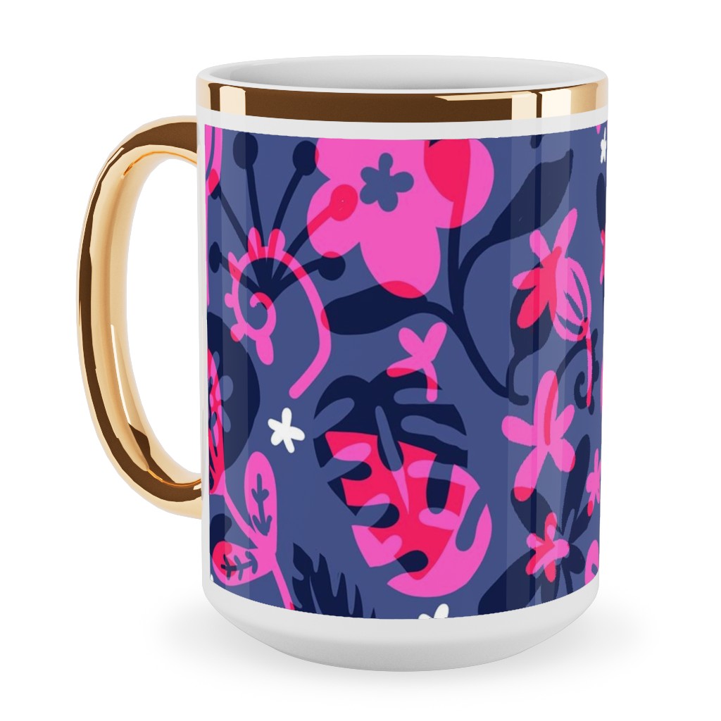 Tropical Floral - Fuchsia Ceramic Mug, Gold Handle, , 15oz, Pink, Bright Pink