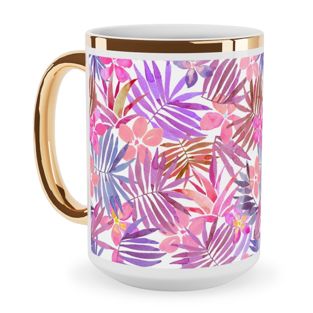 Watercolor Tropical Vibes - Pink Ceramic Mug, Gold Handle,  , 15oz, Pink