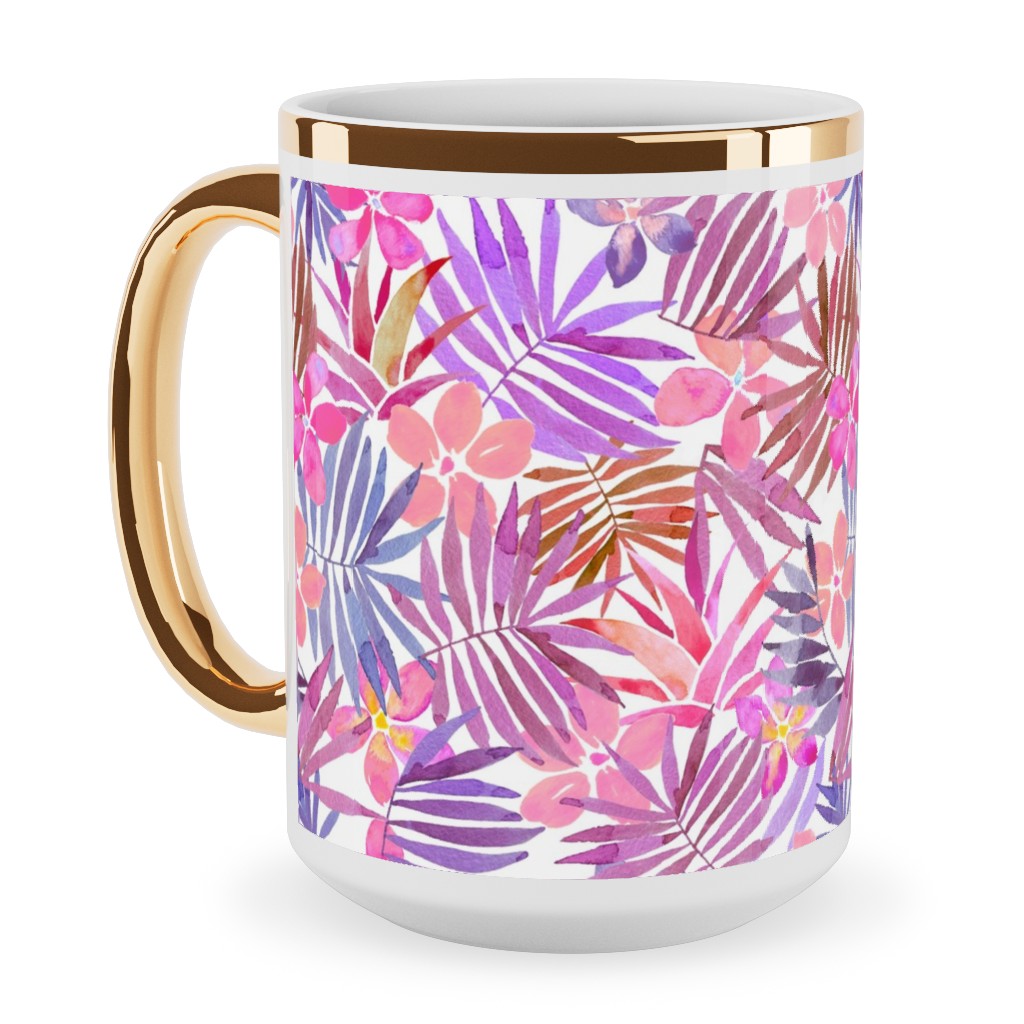 Watercolor Tropical Vibes - Pink Ceramic Mug, Gold Handle, , 15oz, Pink, Bright Pink