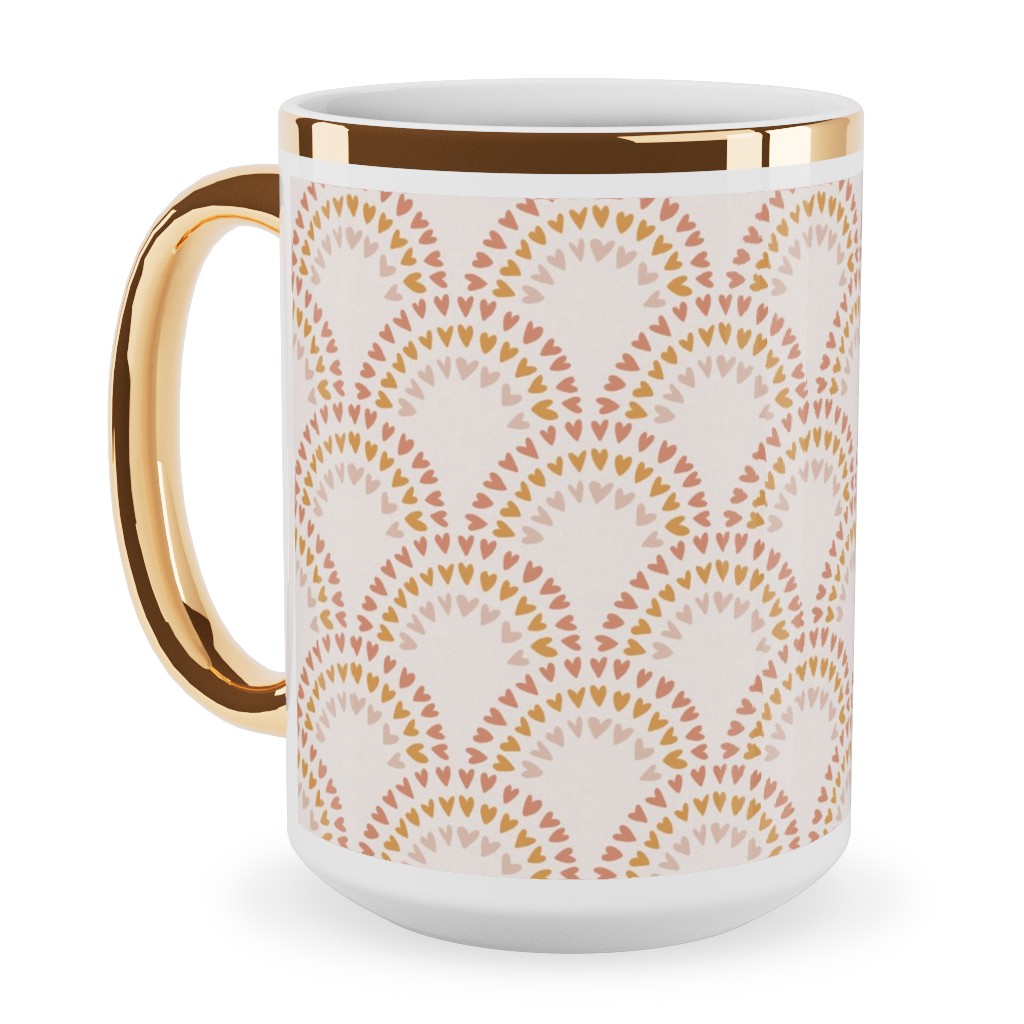Scalloped Heart Rainbows - Mustard and Pink Ceramic Mug, Gold Handle,  , 15oz, Pink