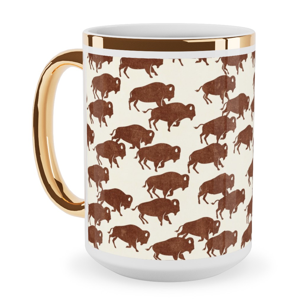 Bison Stampede - Brandywine Ceramic Mug, Gold Handle,  , 15oz, Brown