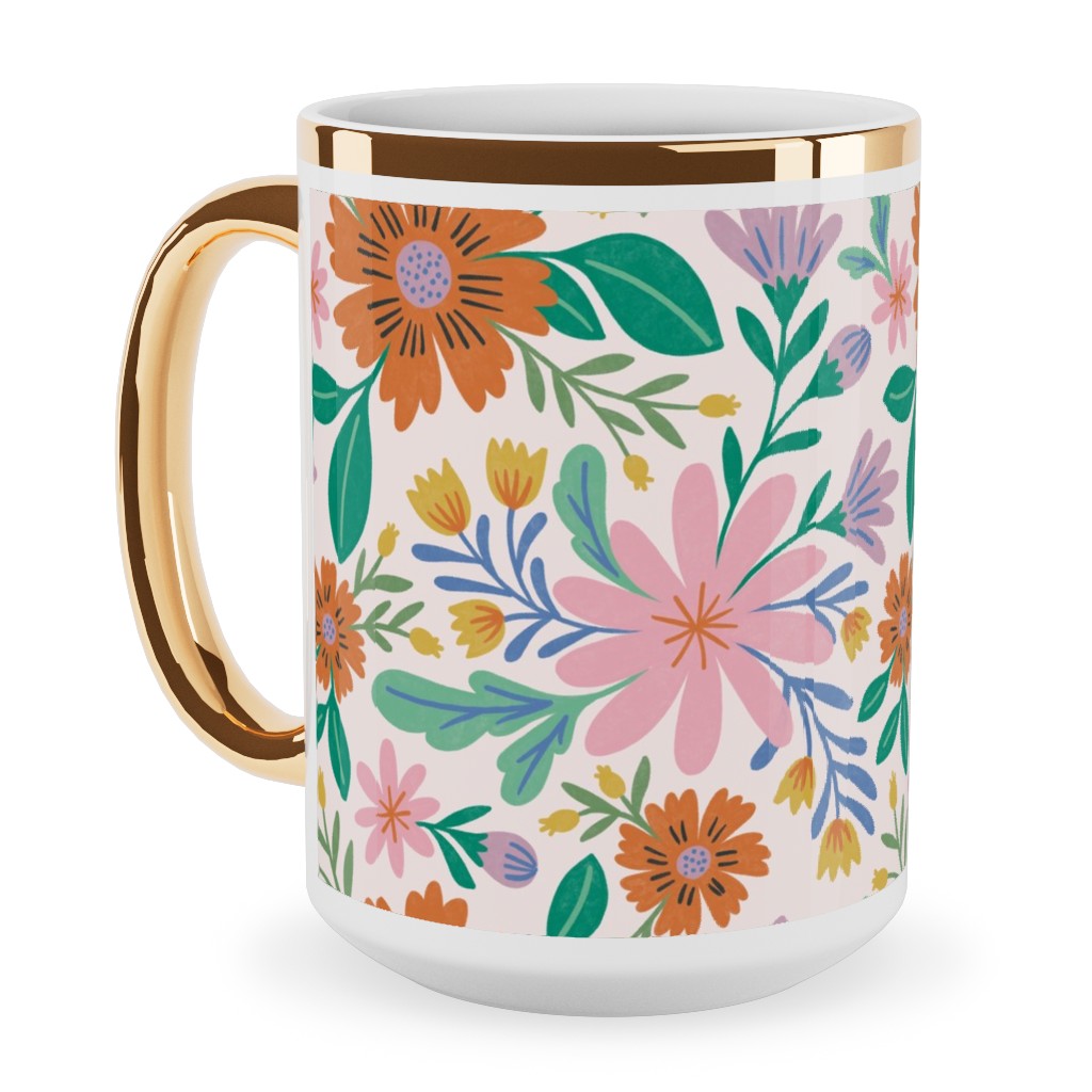 Happy Flowers - Pink Multi Ceramic Mug, Gold Handle, , 15oz, Pink, Bright Pink
