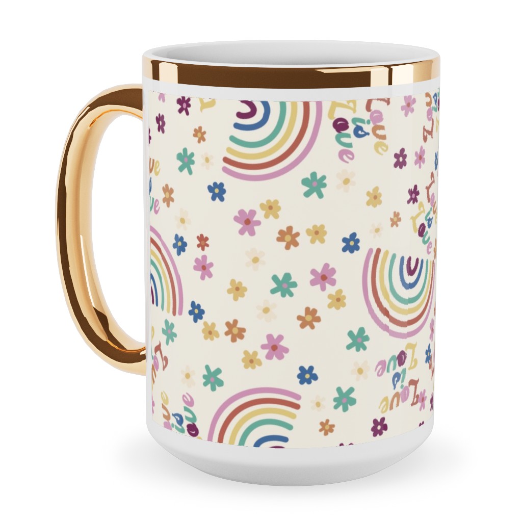 Love Is Love Rainbow - Pride - Muted Ceramic Mug, Gold Handle,  , 15oz, Multicolor