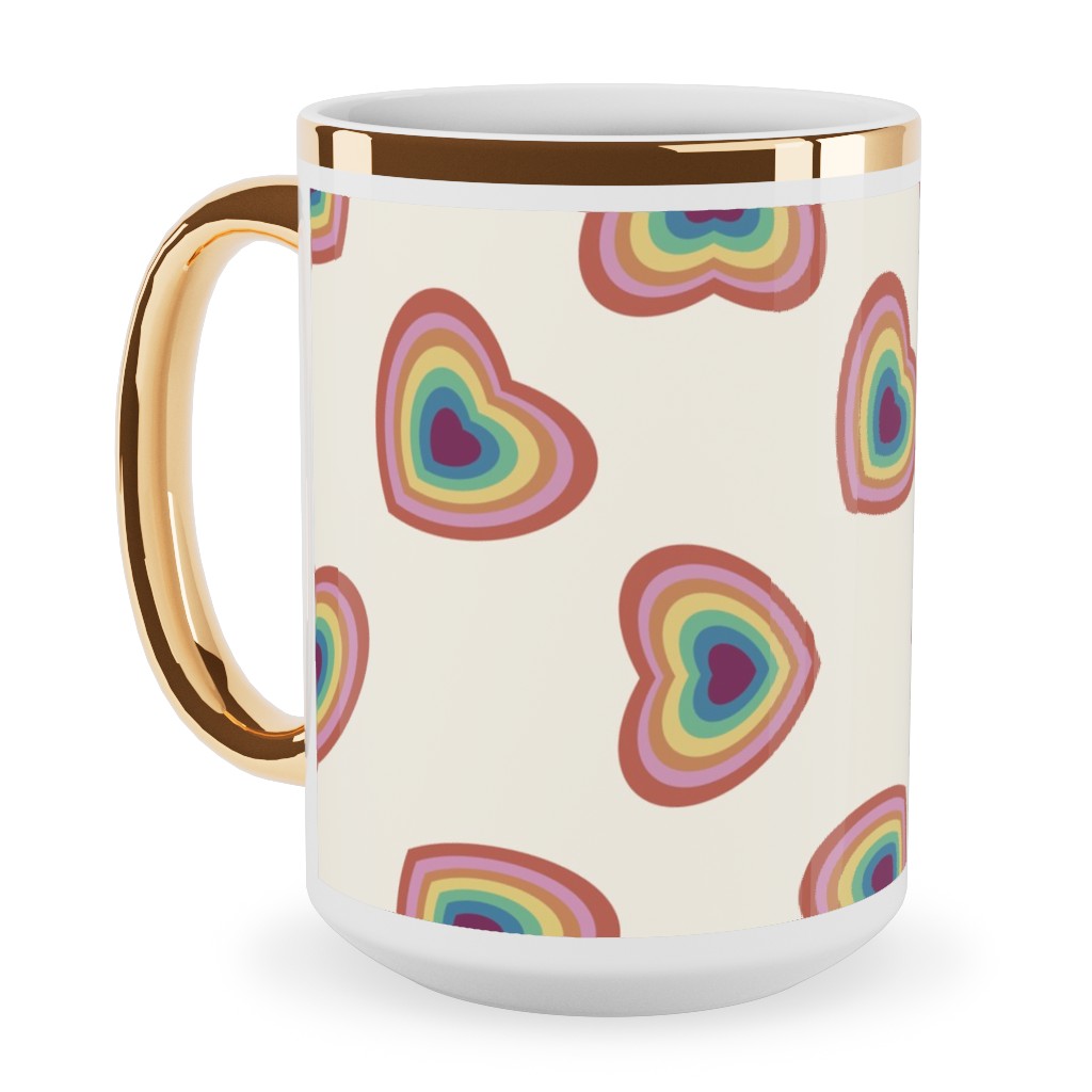 Pride Hearts - Rainbow 90s Hearts - Muted Ceramic Mug, Gold Handle, , 15oz, Multicolor