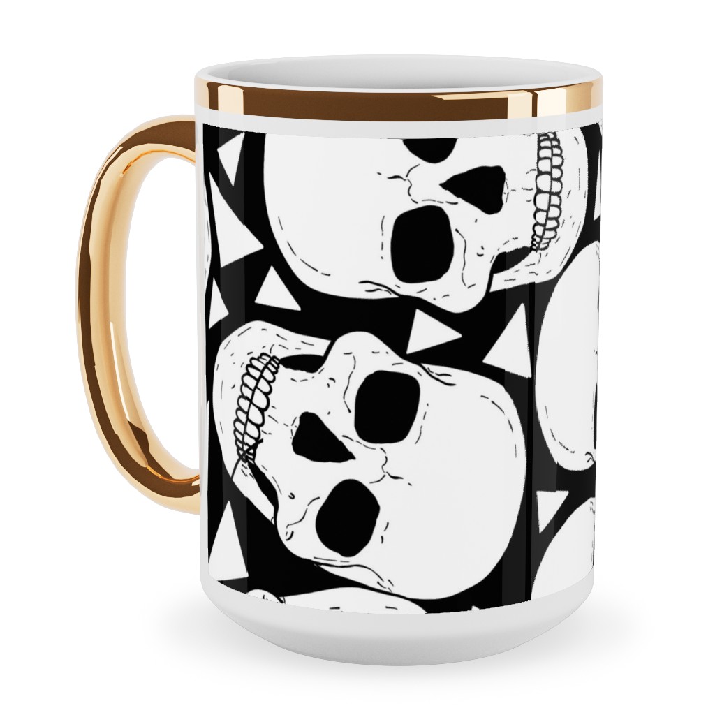 Skulls With Triangles - Black and White Ceramic Mug, Gold Handle, , 15oz, White, White