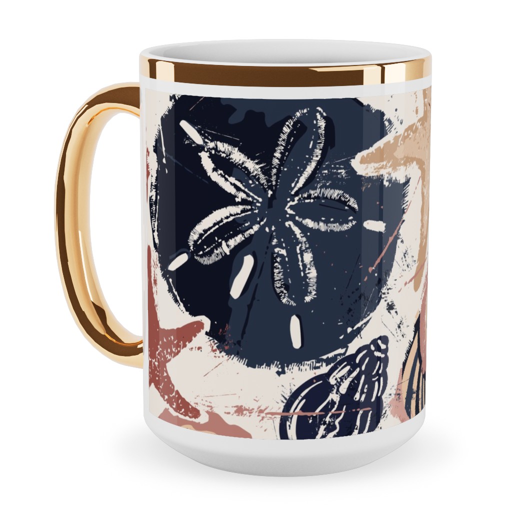Seashells Ceramic Mug, Gold Handle, , 15oz, Multicolor, Wheat