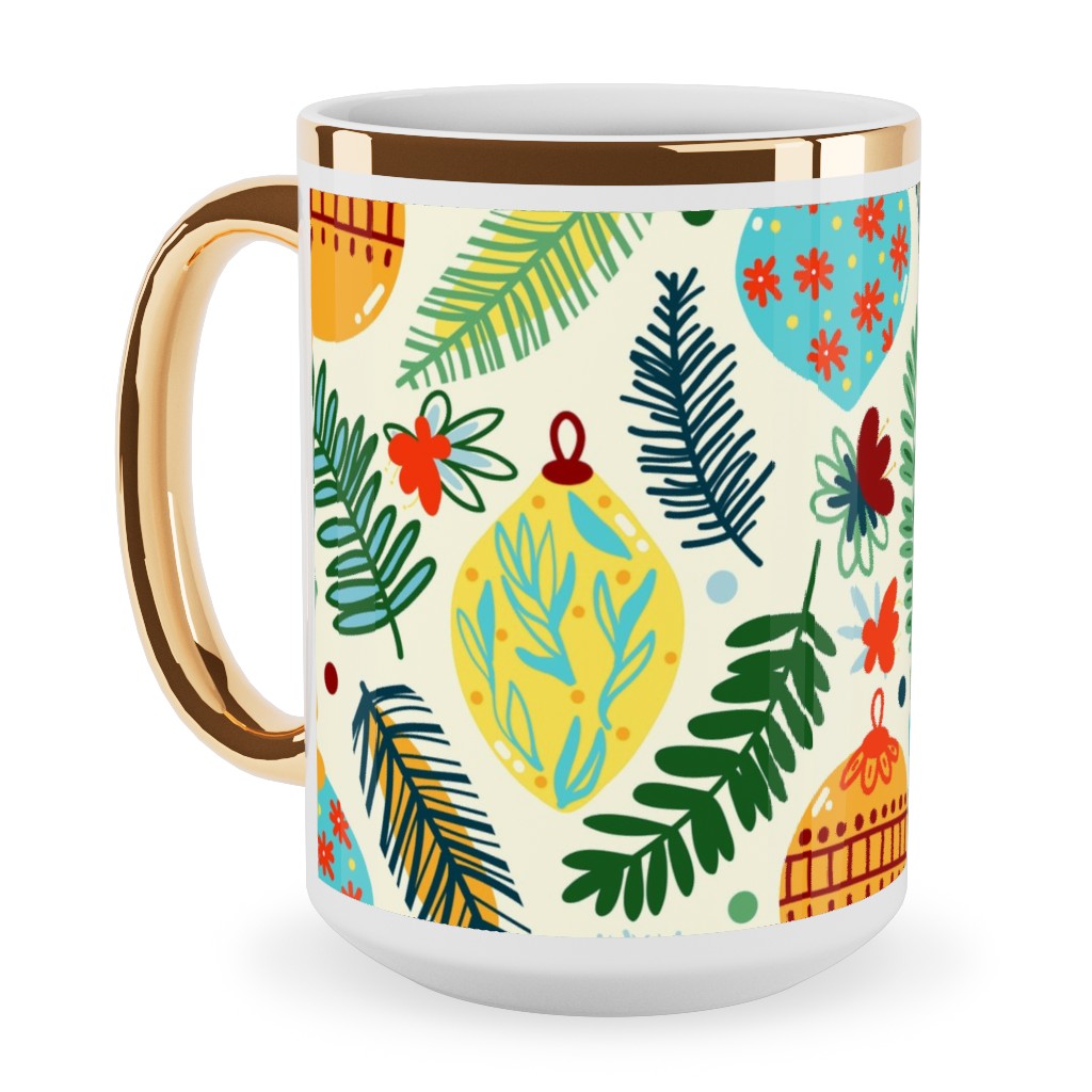 Colorful Christmas Classic - Multi Ceramic Mug, Gold Handle,  , 15oz, Multicolor