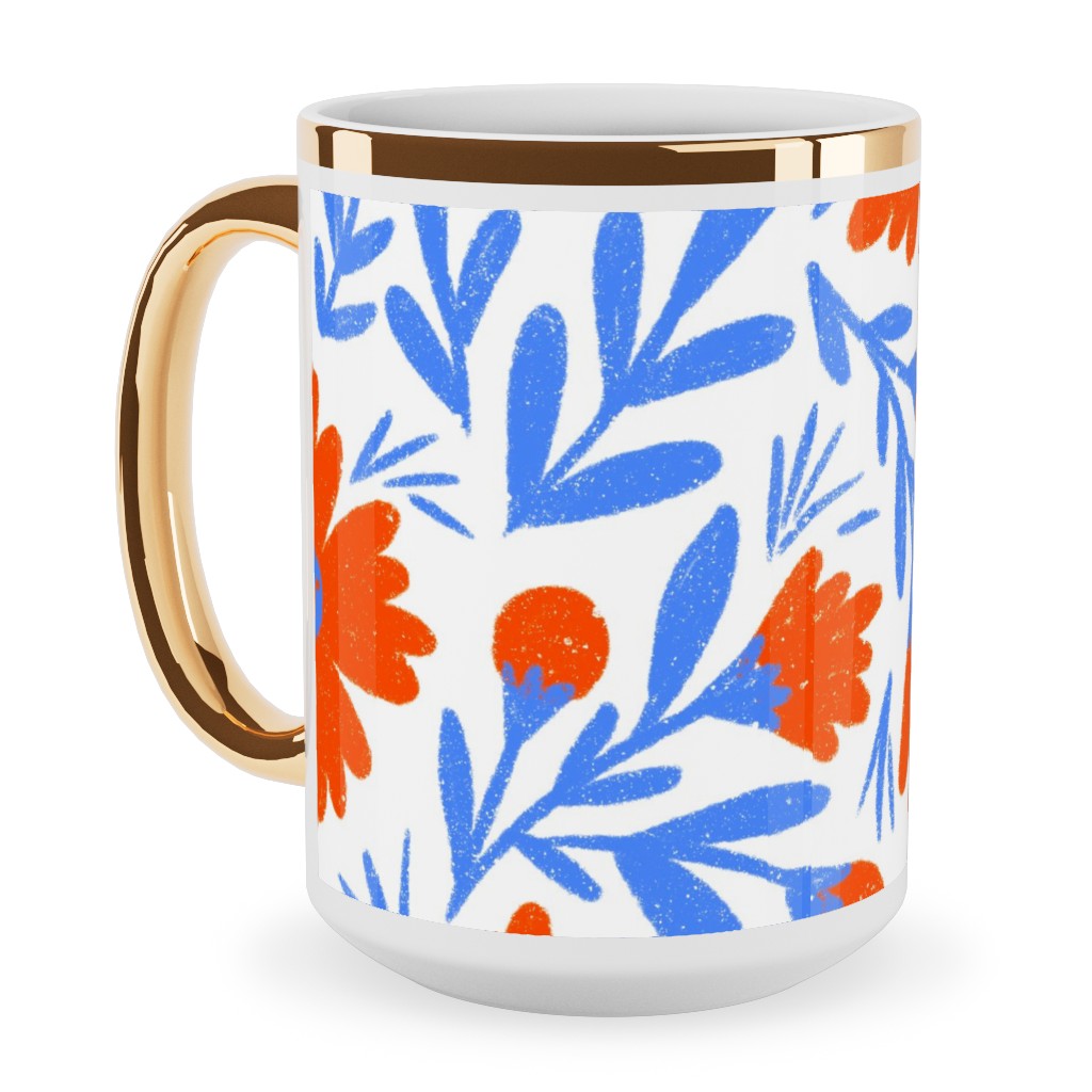 Floral Drop - Red and Blue Ceramic Mug, Gold Handle, , 15oz, Blue, True Blue