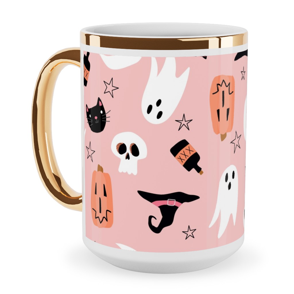 Sweet Halloween Pumpkin, Witch, Ghost, Cat Ceramic Mug, Gold Handle,  , 15oz, Pink