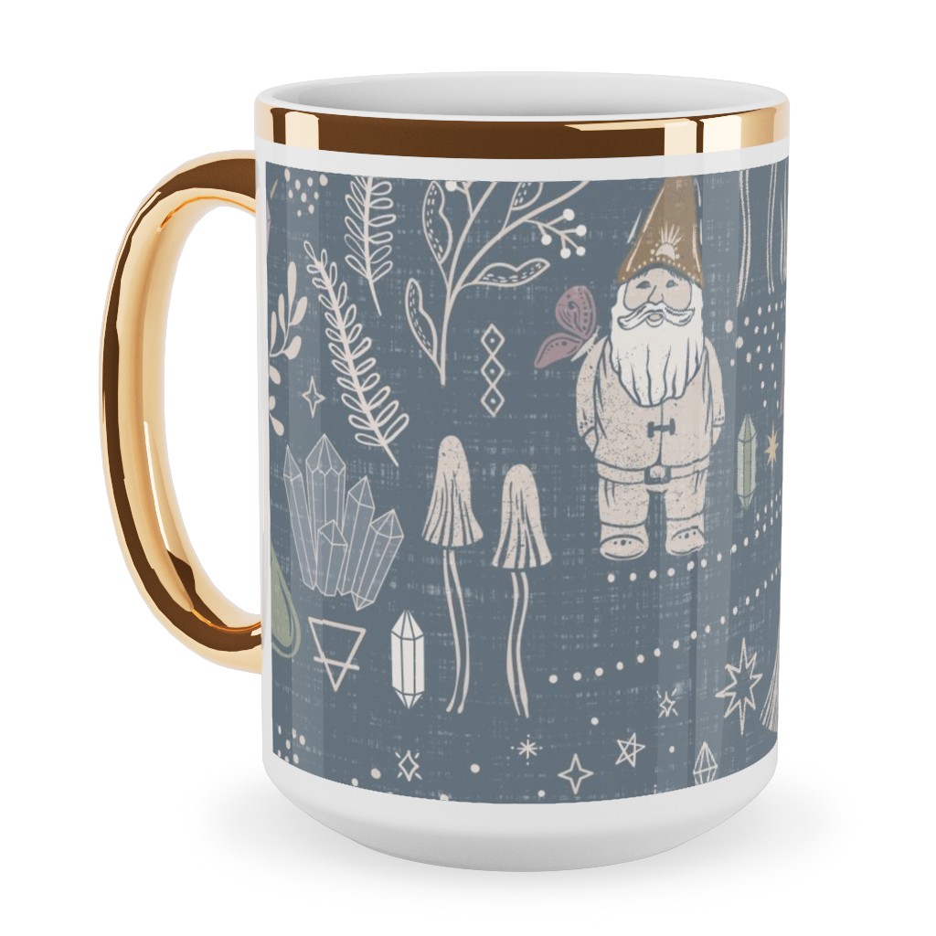 Magical Forest Gnomes - Earthy Blue Ceramic Mug, Gold Handle,  , 15oz, Blue