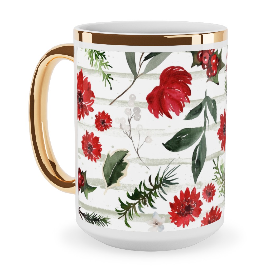 Jolly Christmas Florals - Mint Sage Stripes Ceramic Mug, Gold Handle, , 15oz, Multicolor