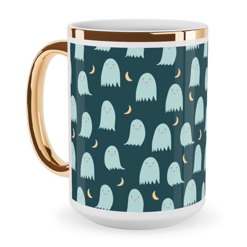 Cute Halloween Ghosts Ceramic Mug, Gold Handle, , 15oz, Green, Seaweed
