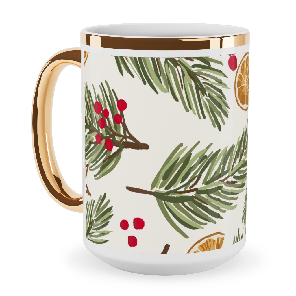 Festive Christmas Pine Sprigs and Orange Slices Ceramic Mug, Gold Handle,  , 15oz, Multicolor