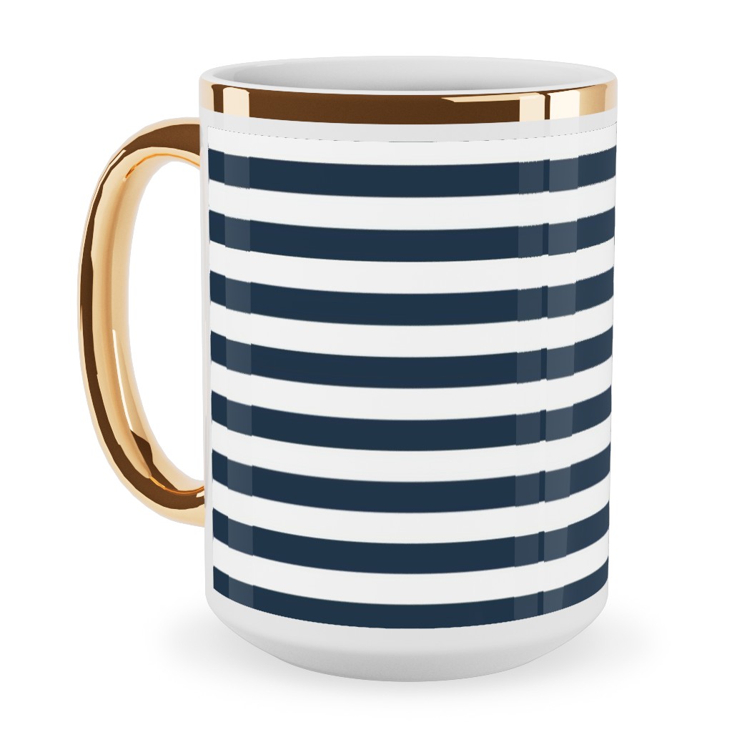 Horizontal Stripe Ceramic Mug, Gold Handle, , 15oz, Blue, Navy