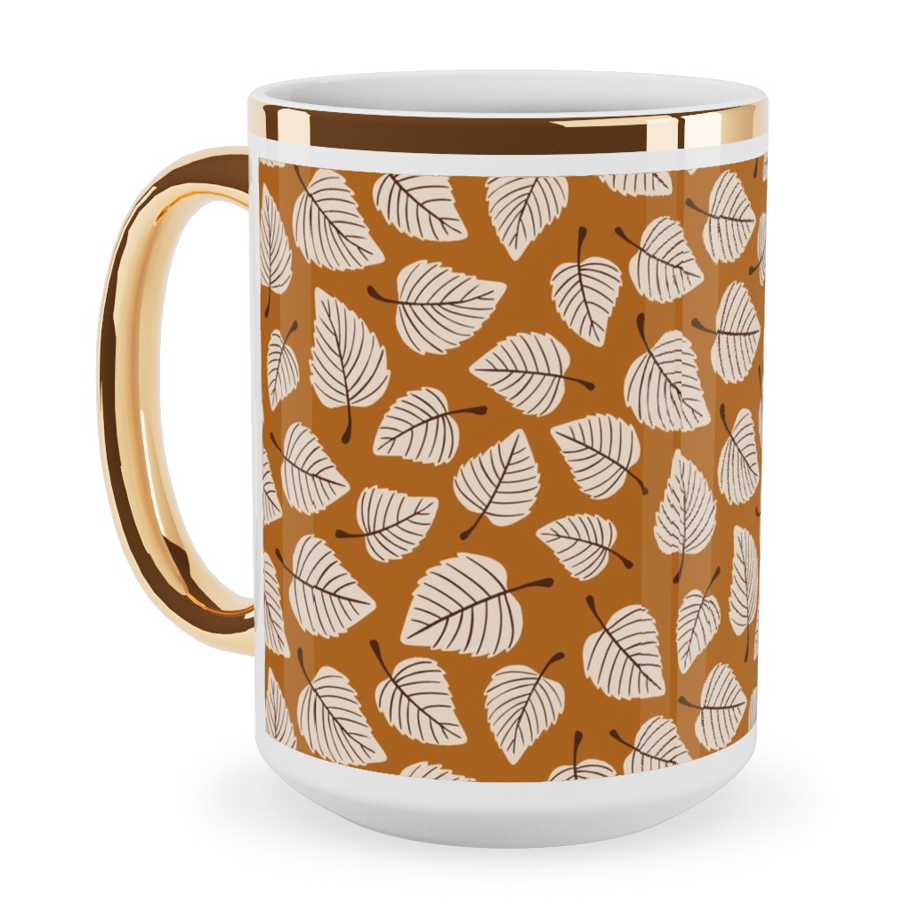 Falling Leaves - Terracotta Ceramic Mug, Gold Handle, , 15oz, Orange, Orange