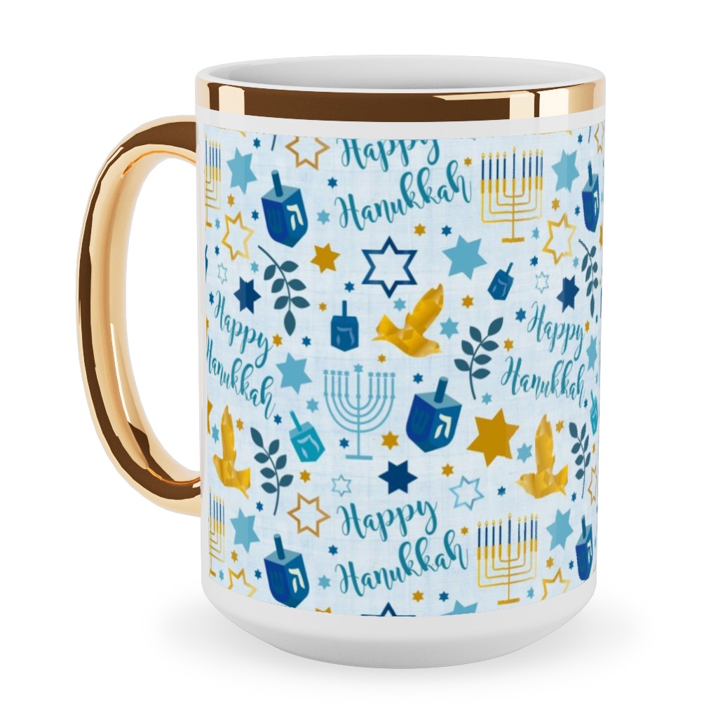 Happy Hanukkah - Blue Ceramic Mug, Gold Handle, , 15oz, Blue, True Blue