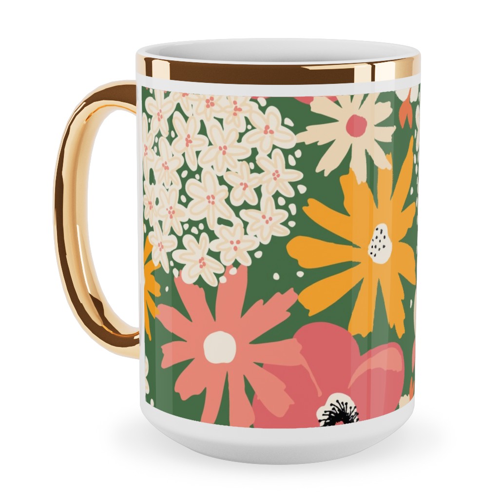 Summer Florals - Green Pink White and Orange Ceramic Mug, Gold Handle, , 15oz, Multicolor
