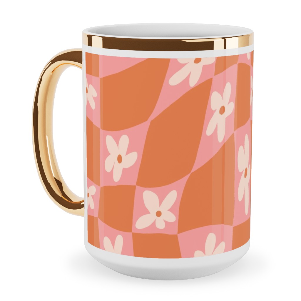 Trippy Chamomile - Floral - Orange and Pink Ceramic Mug, Gold Handle,  , 15oz, Orange