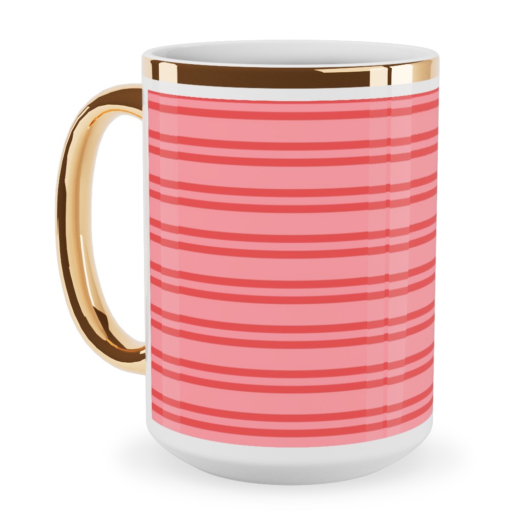 Joyful Stripes - Red and Pink Ceramic Mug, Gold Handle, , 15oz, Pink, Bright Pink