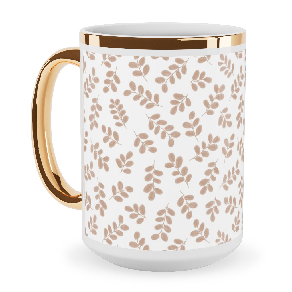 Whimsy Leaves - Dusty Ceramic Mug, Gold Handle, , 15oz, Beige, Pearl