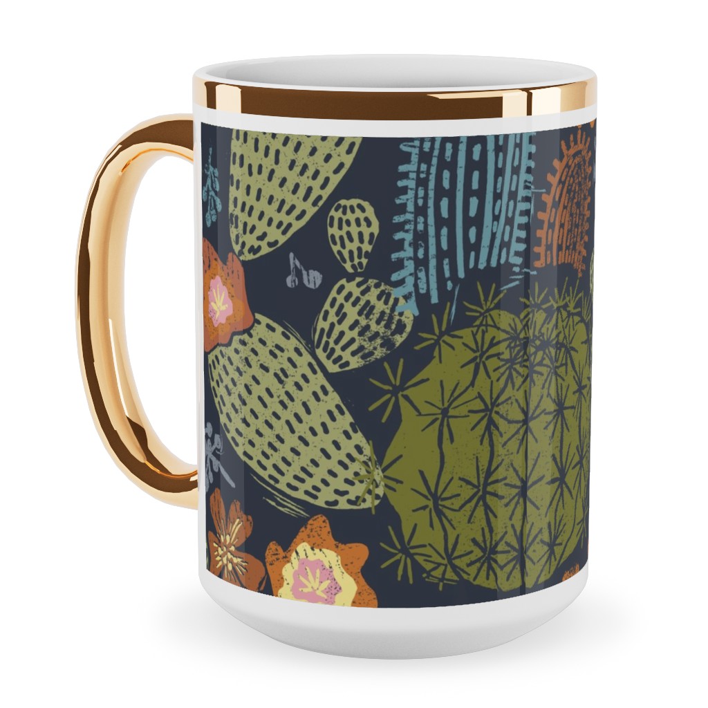 Cactus Garden - Block Print Style - Dark Ceramic Mug, Gold Handle, , 15oz, Green, Classic Green