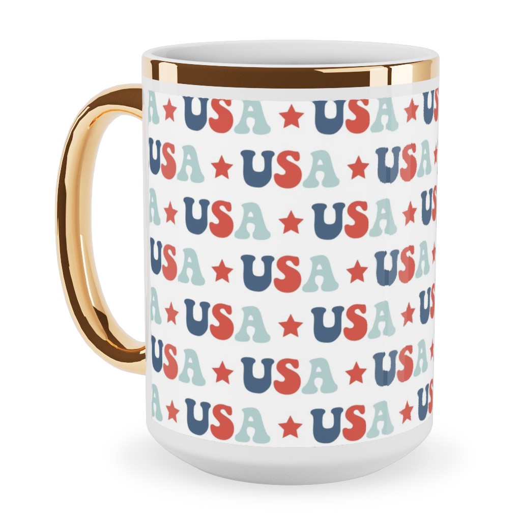 Usa - Groovy Vintage - Red White Blue Ceramic Mug, Gold Handle, , 15oz, Multicolor
